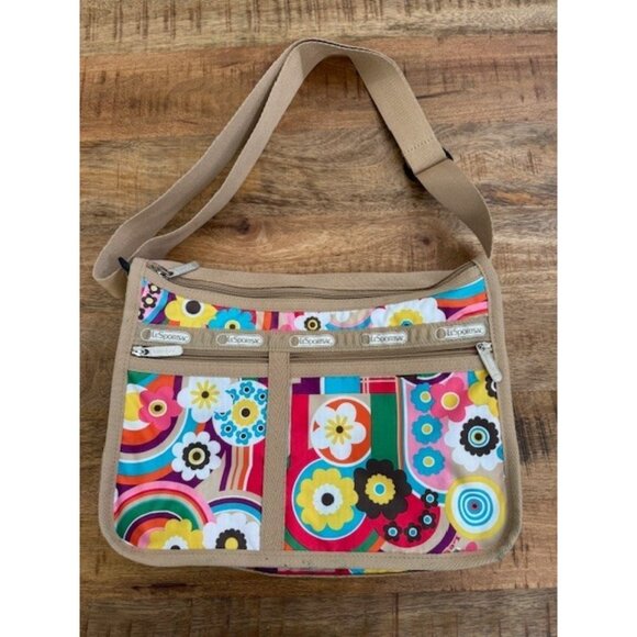 LeSportsac Deluxe Everyday Crossbody Bag Tan Nylon Adjustable Strap Jukebox Rare - Picture 2 of 12
